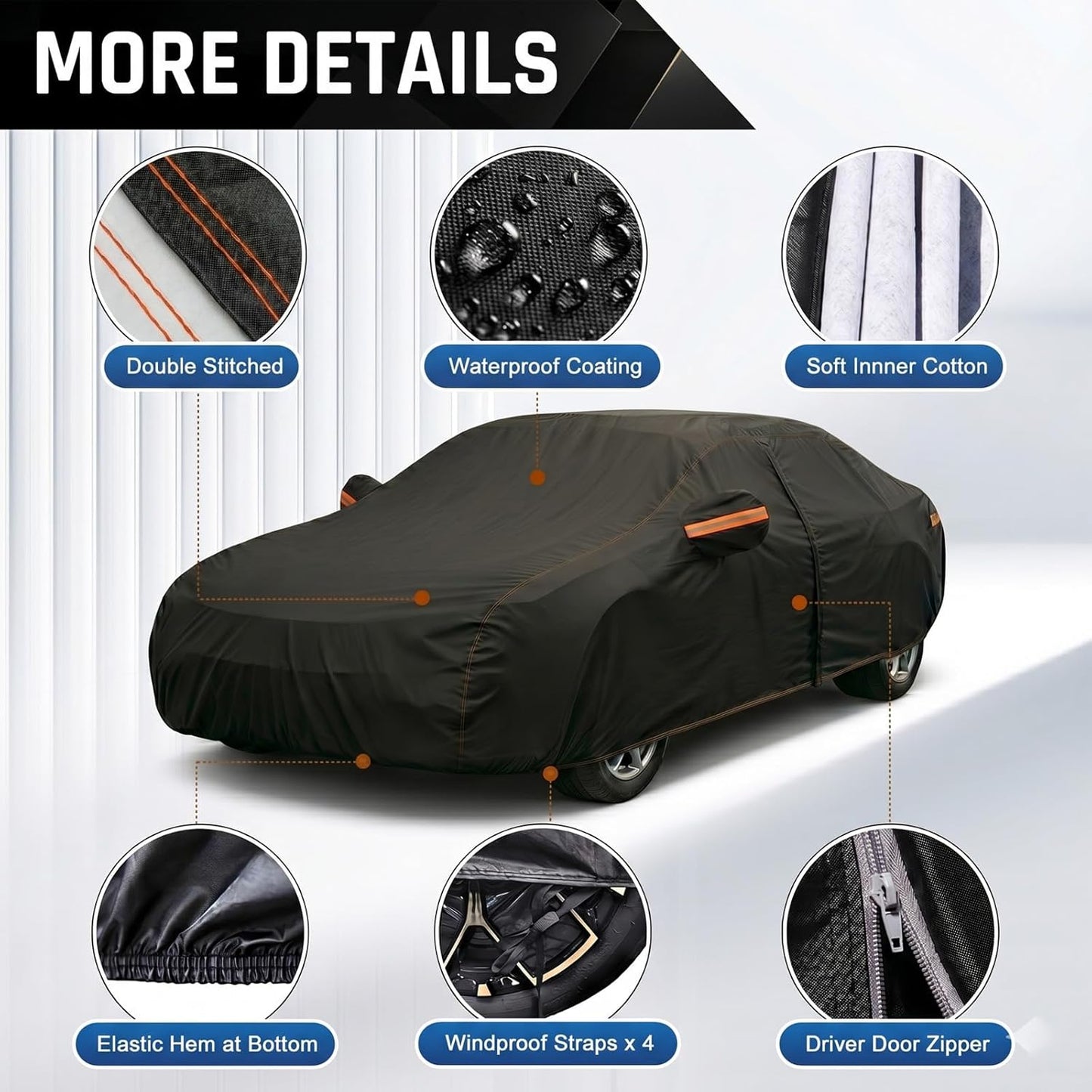 6 Layer Heavy Duty Car Cover Waterproof All Weather Protection with Cotton Liner, Full Exterior Outdoor Cover for Sun Rain Snow UV Protection, Fits Sedan 186-193 inchs