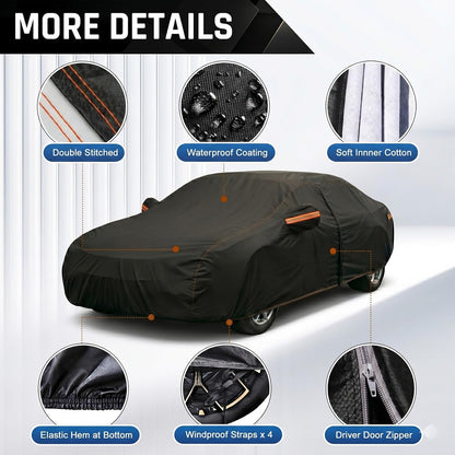 6 Layer Heavy Duty Car Cover Waterproof All Weather Protection with Cotton Liner, Full Exterior Outdoor Cover for Sun Rain Snow UV Protection, Fits Sedan 186-193 inchs