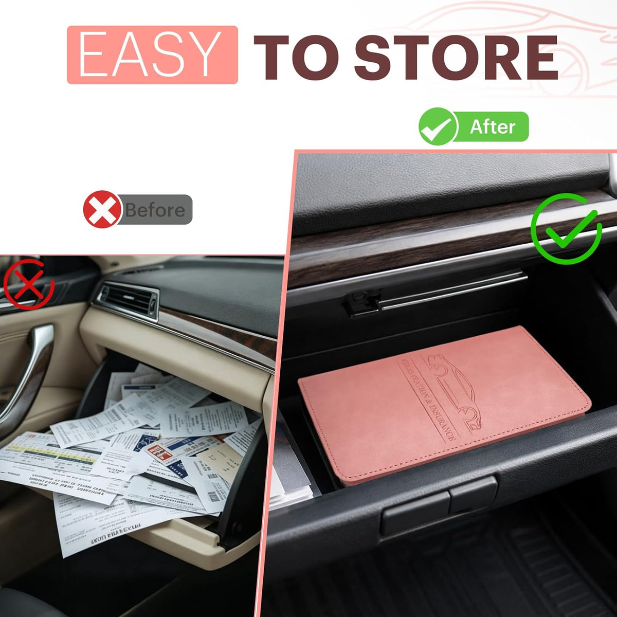 Car Registration and Insurance Card Holder, Magnetic Closure Leather Vehicle Document Organizer, Neat Stitched Glove Box Storage Case, Compact Lightweight Card Holder for Driver License - Black