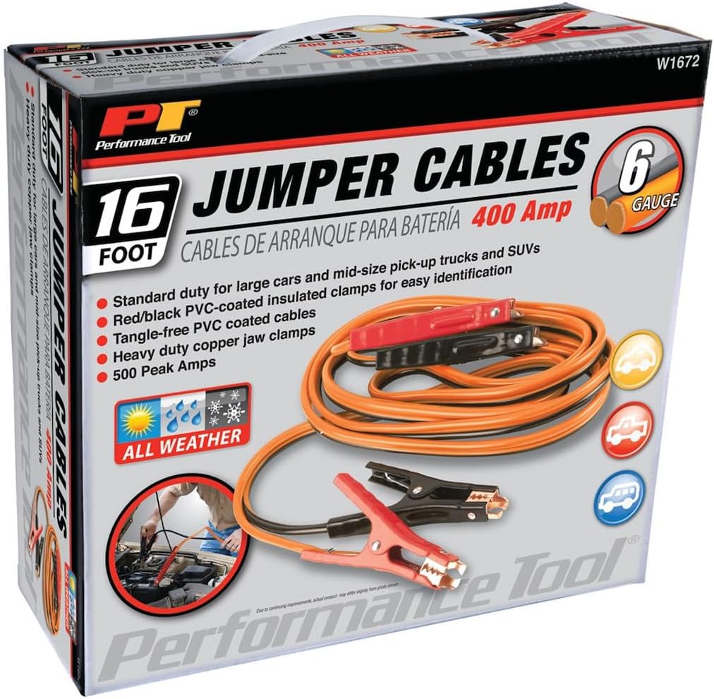 Performance Tool W1675 10ft 4GA Lighted Jumper Cables - Tangle-Free, Heavy Duty Clamps, Suitable for Trucks, SUVs, and Other Large Vehicles
