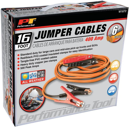 Performance Tool W1675 10ft 4GA Lighted Jumper Cables - Tangle-Free, Heavy Duty Clamps, Suitable for Trucks, SUVs, and Other Large Vehicles