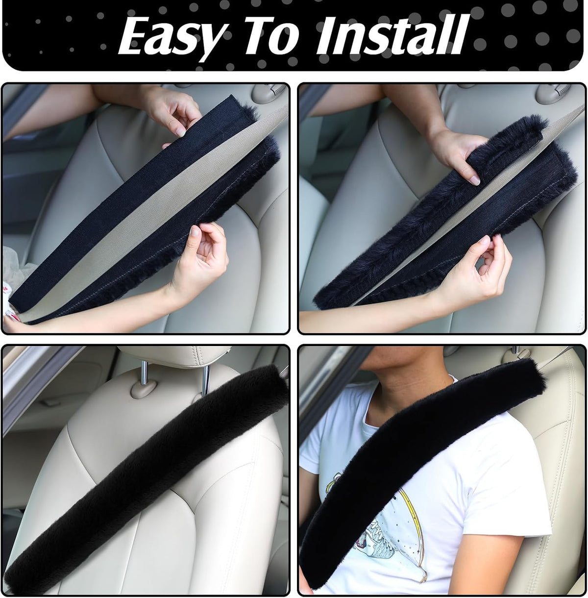 Boao 4 Pack Faux Sheepskin Car Seat Belt Pads Seatbelt Protector Soft Seat Belt Shoulder Strap Cover Comfort Harness Pad(Black, 9.9 Inch)