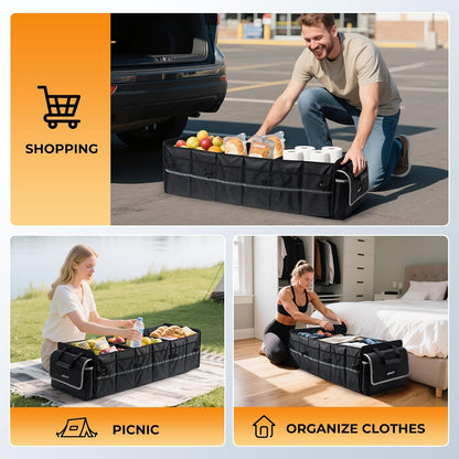 HIRALIY 4 in 1 Car Trunk Storage Organizer with Leakproof Cooler Bag, Multi-Compartment Foldable Trunk Storage Box for Car Truck SUV Black