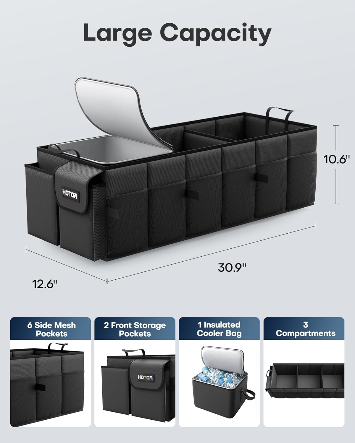 HOTOR Trunk Organizer, Sturdy Foldable with Cooler for Car & SUV, 3 Compartments, Black, 30.90”×12.60”×10.63”