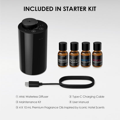 Airversa Waterless Diffuser for Essential Oil, Car Diffsuer, Battery Operated Nebulizer, 0.7 Fl Oz/ 20mL, Mini Scent Air Machine, 3 Timers & 3 Mist Levels for Home, Room, Car, Office - AN6 Black