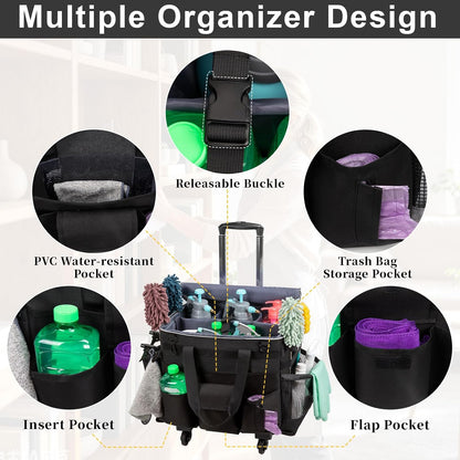 Wearable Large Cleaning Caddy Bag for Housekeeper, Clean Supply Organizer with Adjustable Shoulder, Waist & Handle Straps, Detailing Bag for Kitchen Supplies (Black)