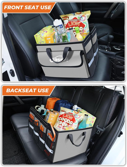 Oasser Car Trunk Organizer, 3 Compartments Collapsible Waterproof Car Organizer Storage with Foldable Cover, Reflective Strip, Non-Slip Bottom, 4 Mesh Pockets for SUV/Truck/Sedan/Camping/Road Trip