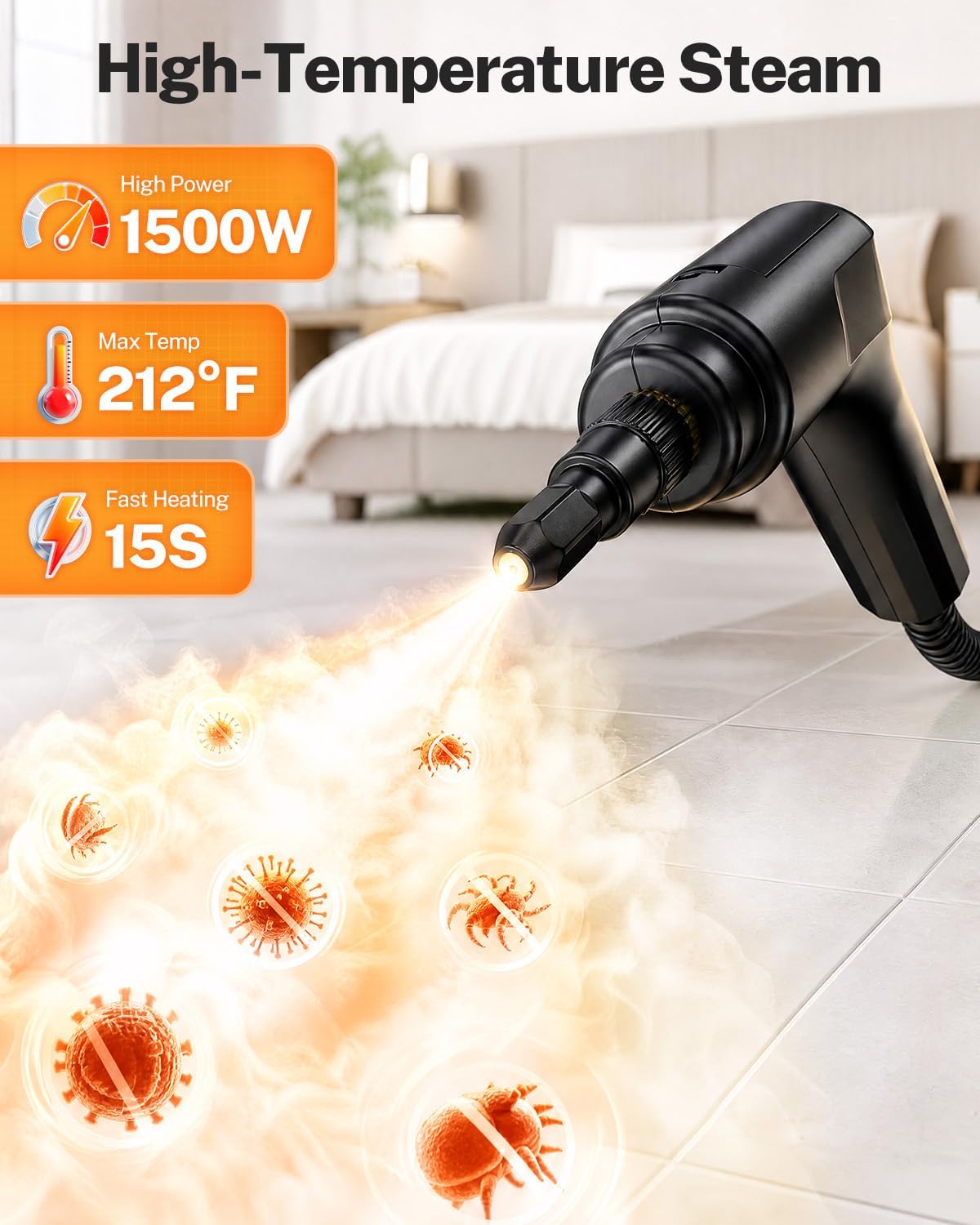 ODSD Steam Cleaner for Home & Car, 15s Fast Heating Handheld Steam Cleaner with 1.6L Tank, 3-Level Pressurized Steamer for Cleaning Tile, Grout, Sofa & Car Detailing
