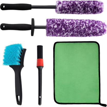 5 Pack Car Wheel and Tire Cleaner Brushes Kit Auto Motorcycle Rim Ultra Soft Microfiber No Spatter Bendable Woolies Bristle Cleaning Set (Red & Black)