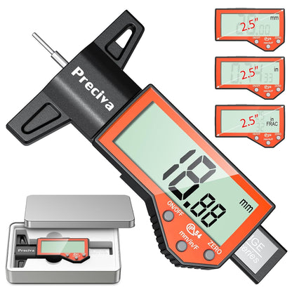 Preciva Tire Tread Depth Gauge, Digital Tire Depth Gauge with Large LCD Display and Inches, Millimeters, Fraction Conversion, Tread Depth Gauge Suitable for Thread Depth, Brake Shoe and Pad Wear