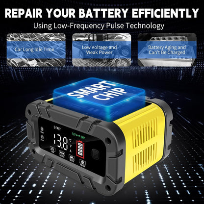 E-FAST 20A Smart Car Battery Charger, 12V 24V Maintainer & Desulfator - Compatible with LiFePO4 Lithium, AGM, Gel, SLA, Deep Cycle - High-Power Trickle Charger for Car, Truck, RV, Boat, Marine