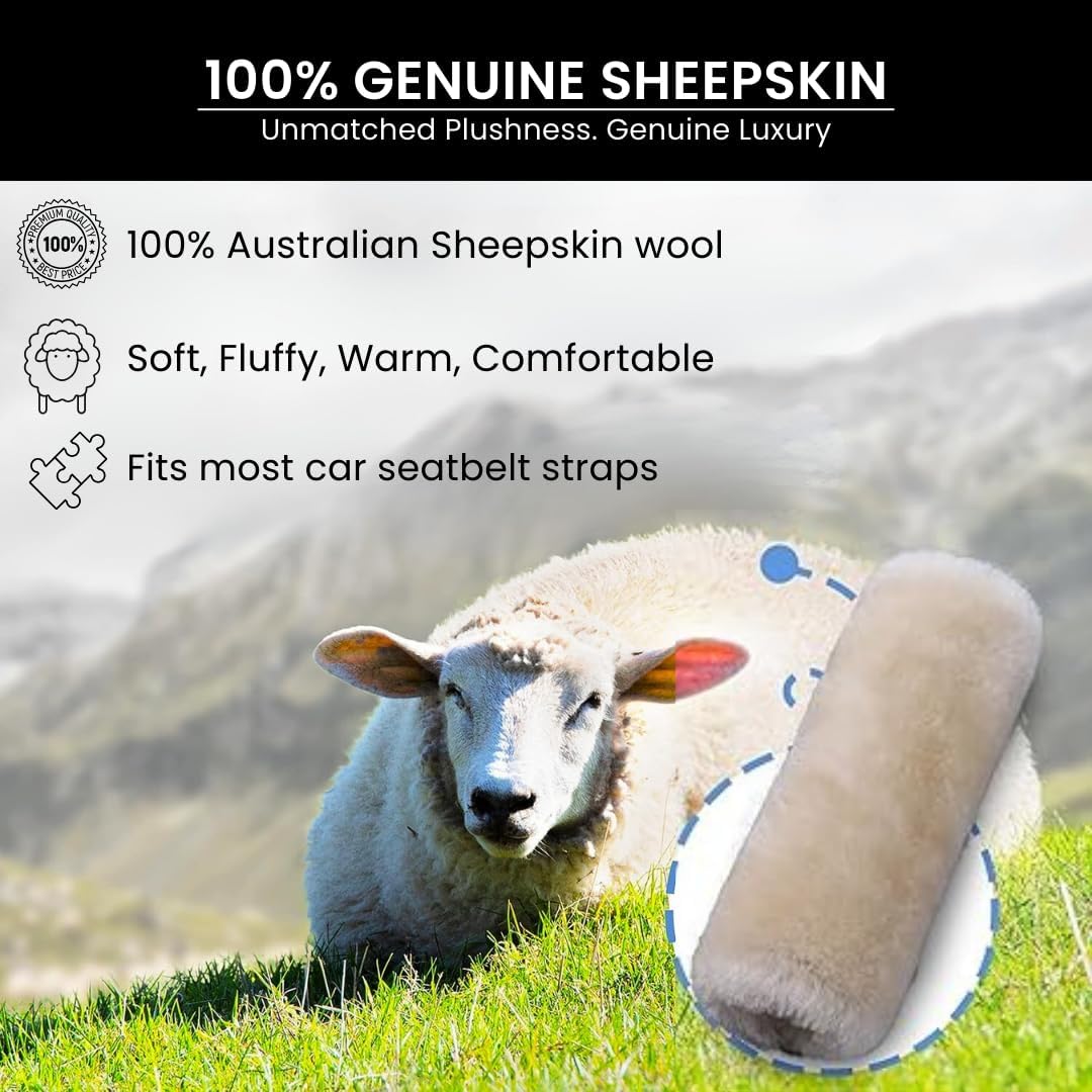 Andalus Brands 2 Pack Genuine Merino Wool Sheepskin Seat Belt Cover – Soft Shoulder Pad, Neck Cushion Protector – Authentic Car Accessories (Pearl)