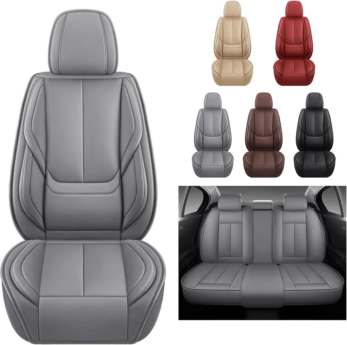 MINGBRON Car Seat Cover Full Set, Leather Car Seat Cover, Waterproof Seat Covers, Car Seat Cushion, Nappa Leather Seat Covers Car Seat Protector Universal Fit Most Cars Black