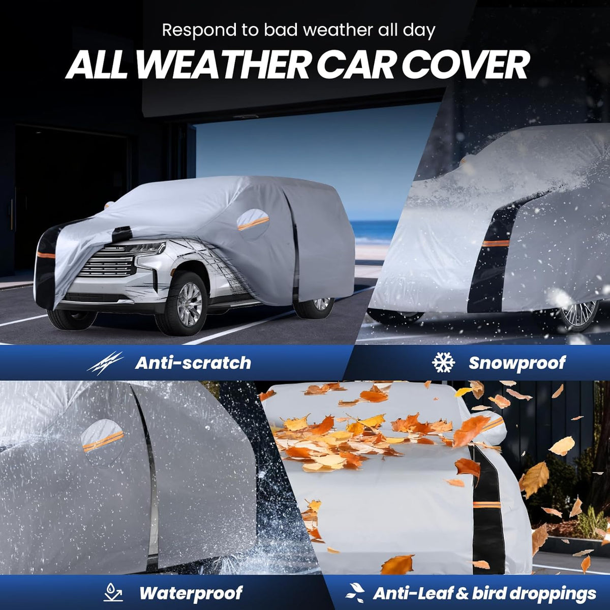 Large SUV Car Cover for Chevy Suburban 100% Waterproof All Weather, Heavy Duty Outdoor Full Exterior Covers Rain Sun Wind UV Protection. - Colors B