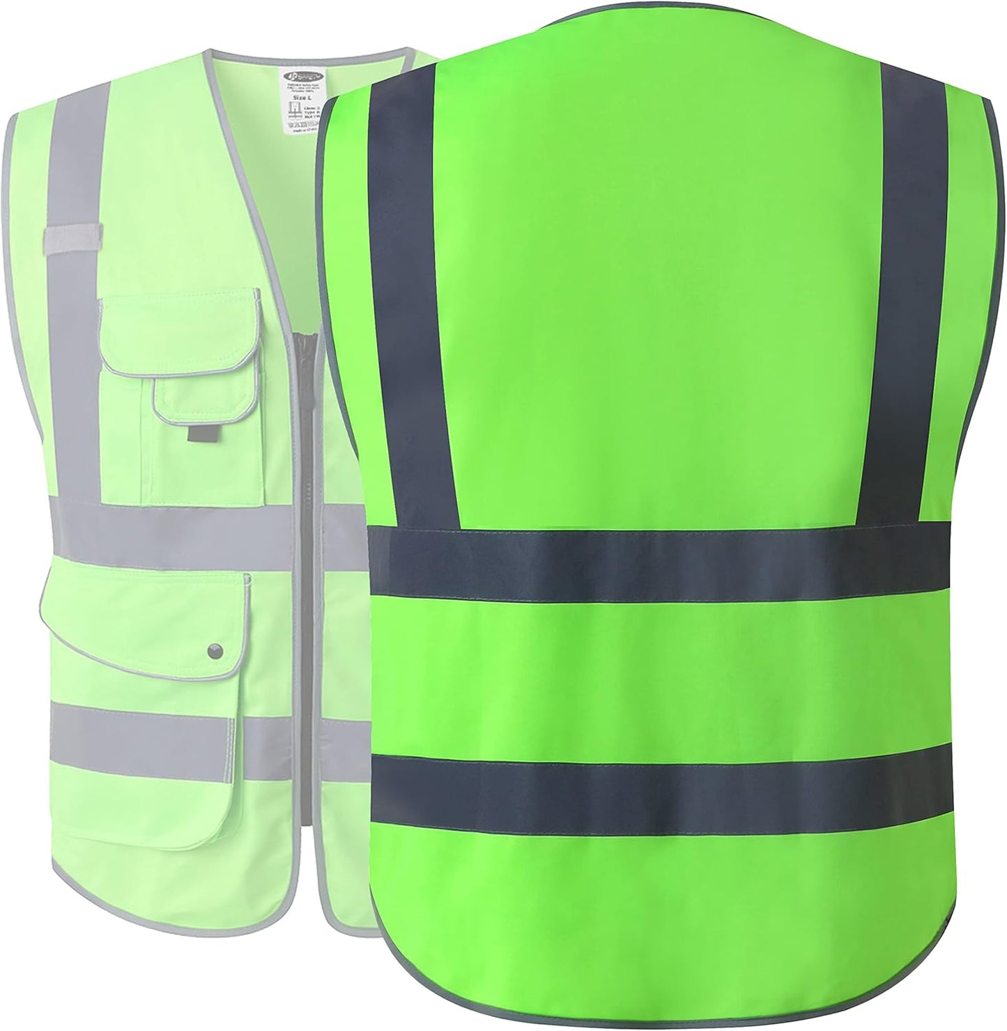 JKSafety 9 Pockets Class 2 High Visibility Zipper Front Safety Vest With Reflective Strips,Meets ANSI/ISEA Standard (Large, 150-Yellow) - Colors B