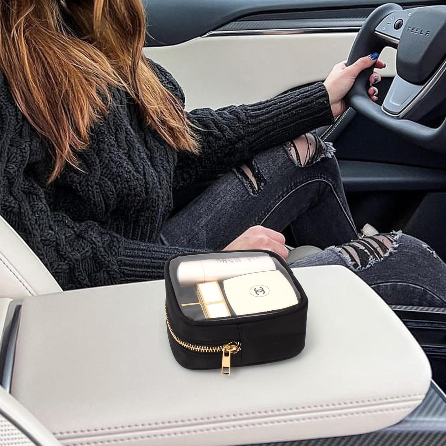 Small Clear Makeup Bag for Purse Small Cosmetic Bag Travel Size Toiletry Bags Cute Travel Makeup Bag,Coin Purse,Car Asscessories Organizer Storage Travel Essentials for Women Girls(Clear-Beige)