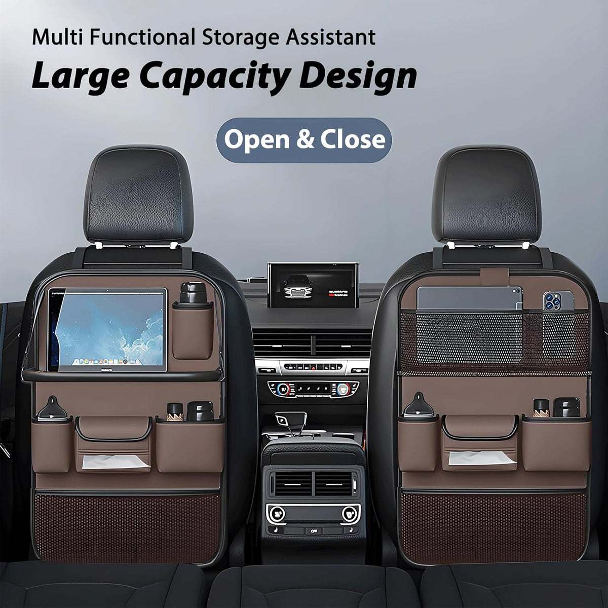 Universal Foldable Car Backseat Organizer with Table Tray, Car Seat Back Protector with Touch Screen Phone Holder, Premium Leather Kick Mats with Storage Pockets Tissue Holder (Brown)