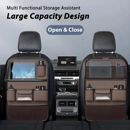 Universal Foldable Car Backseat Organizer with Table Tray, Car Seat Back Protector with Touch Screen Phone Holder, Premium Leather Kick Mats with Storage Pockets Tissue Holder (Brown)