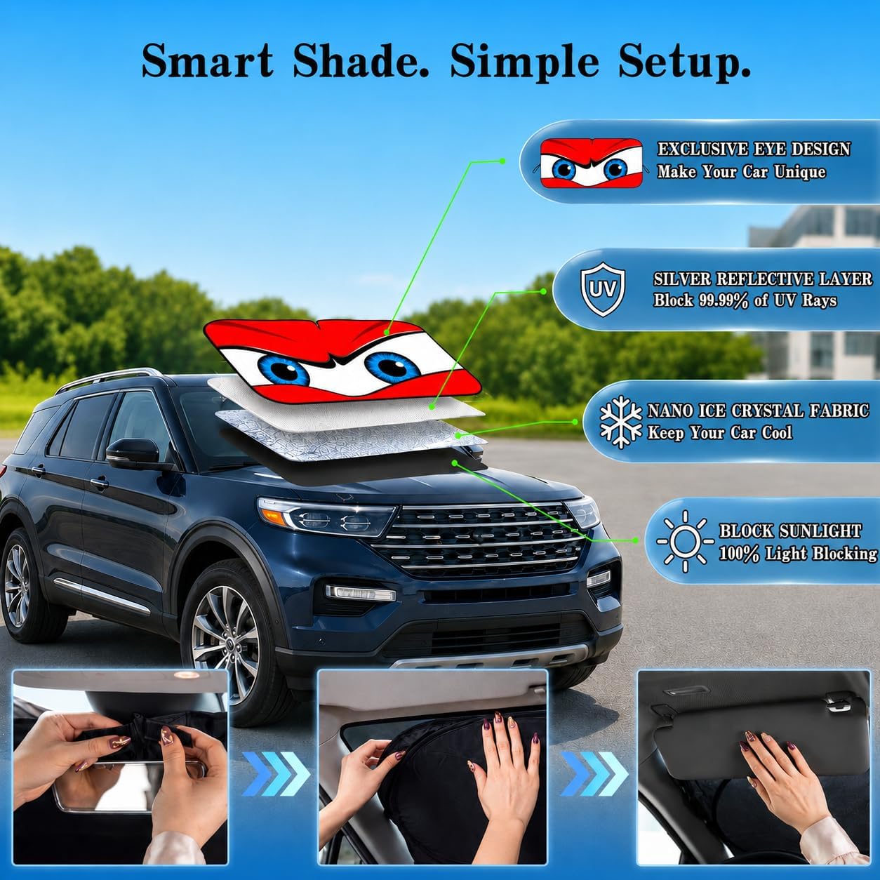 Car Windshield Sun Shade, Funny Cartoon Eyes Sun Visor for Car Windshield Universal Fits Sedan Compact Car Hatchback SUV, UV Heat Protection - 59 x 27.5
