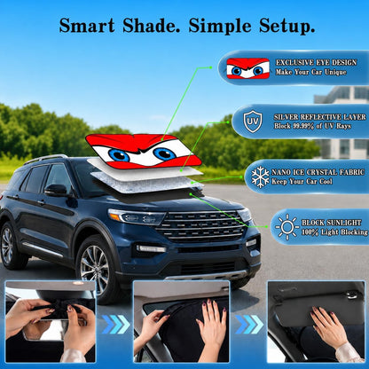 Car Windshield Sun Shade, Funny Cartoon Eyes Sun Visor for Car Windshield Universal Fits Sedan Compact Car Hatchback SUV, UV Heat Protection - 59 x 27.5
