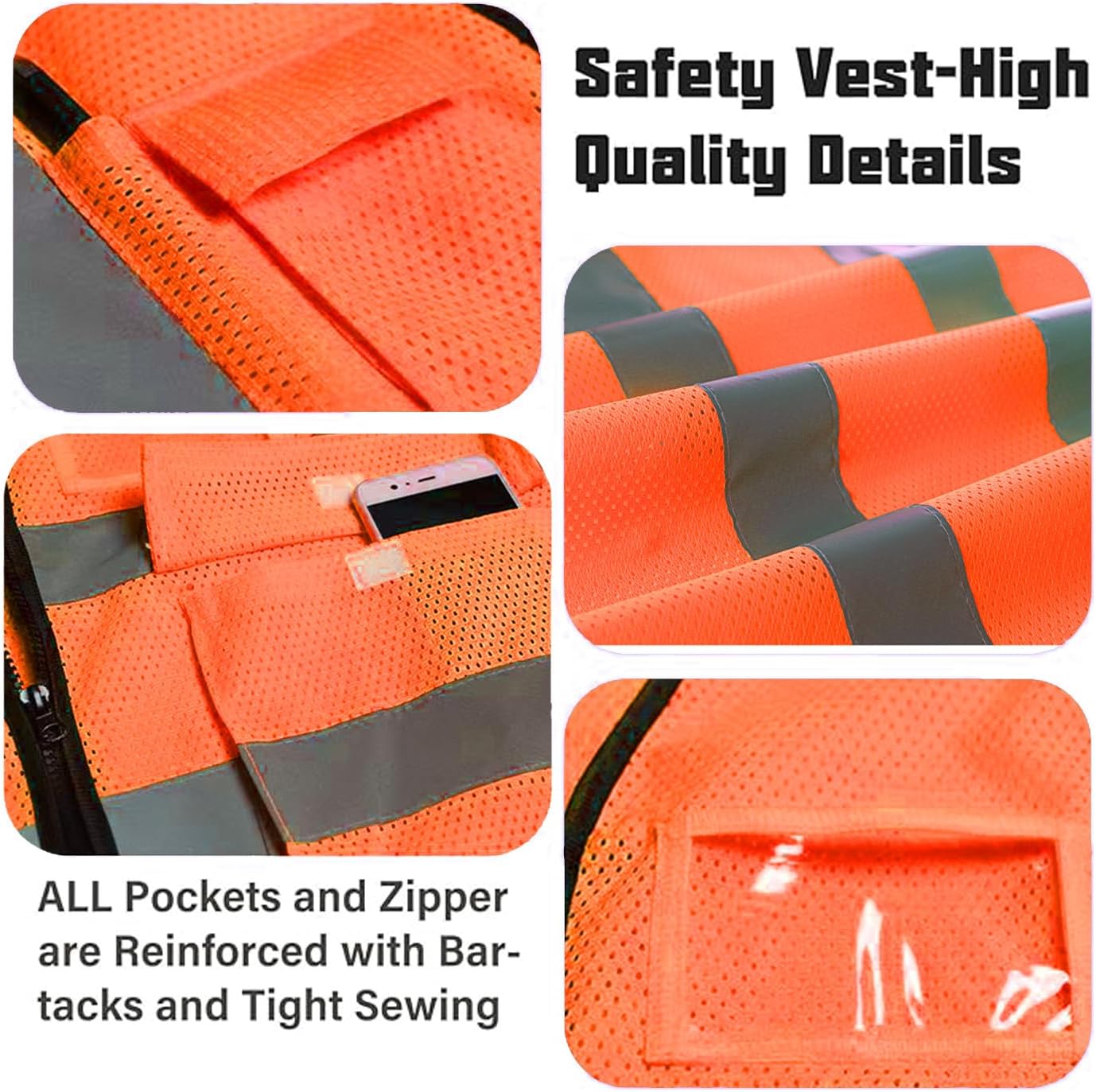 Reflective Mesh Safety Vest, Breathable Hi Vis Vest Construction Work with 5 Pockets and Zipper for Men Women