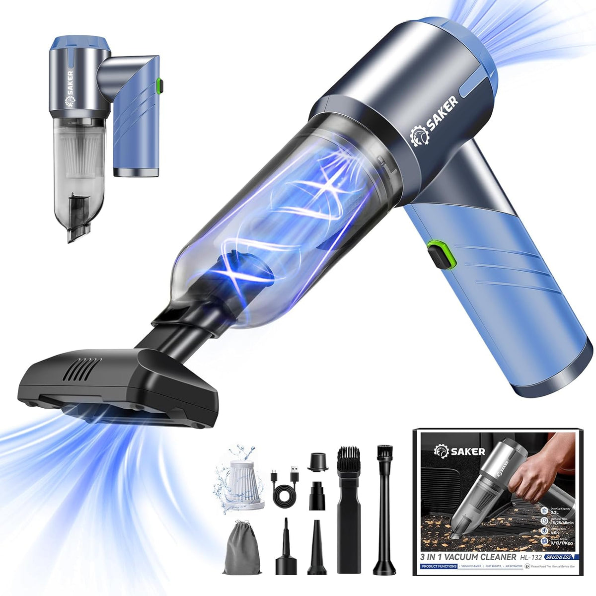 Saker Handheld Car Vacuum Portable Cordless17000PA Mini Air Duster Blower Rechargeable Foldable Vacuum Cleaner with Brushless Motor for Home, Office Pet HL132 Black