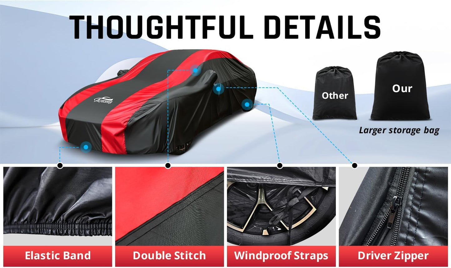 Car Cover Waterproof All Weather Protection with Red Stripe Design, Universal Fit Toyota Camry Solara, Ford Fusion, Kia Stinger Optima, Nissan Maxima, VW Passat, Subaru Legcy