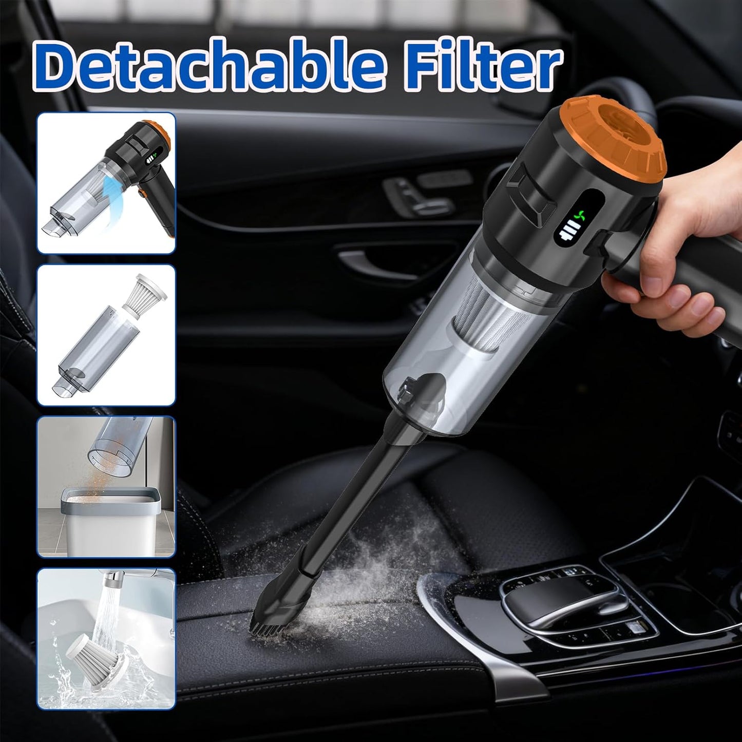 Sycoodeal Handheld Car Vacuum Cleaner, 25000PA Strong Cyclonic Suction Portable Mini Vacuum Cordless with Digital Display Lightweight Handheld for Pet Hair, Car, Home, Office, Kitchen(Silver)