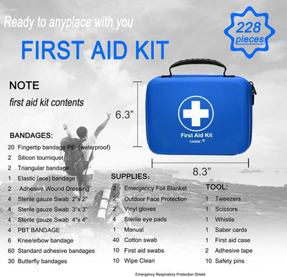Compact First Aid Kit (228pcs) Designed for Family Emergency Care. Waterproof EVA Case and Bag is Ideal for The Car, Home, Boat, School, Camping, Hiking, Office, Sports. Protect Your Loved Ones. Red