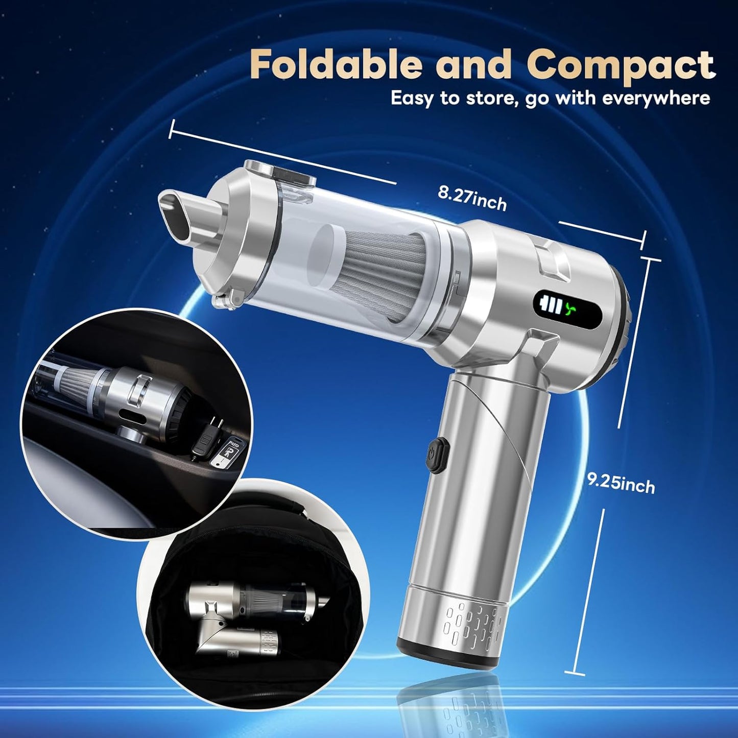 Sycoodeal Handheld Car Vacuum Cleaner, 25000PA Strong Cyclonic Suction Portable Mini Vacuum Cordless with Digital Display Lightweight Handheld for Pet Hair, Car, Home, Office, Kitchen(Silver)
