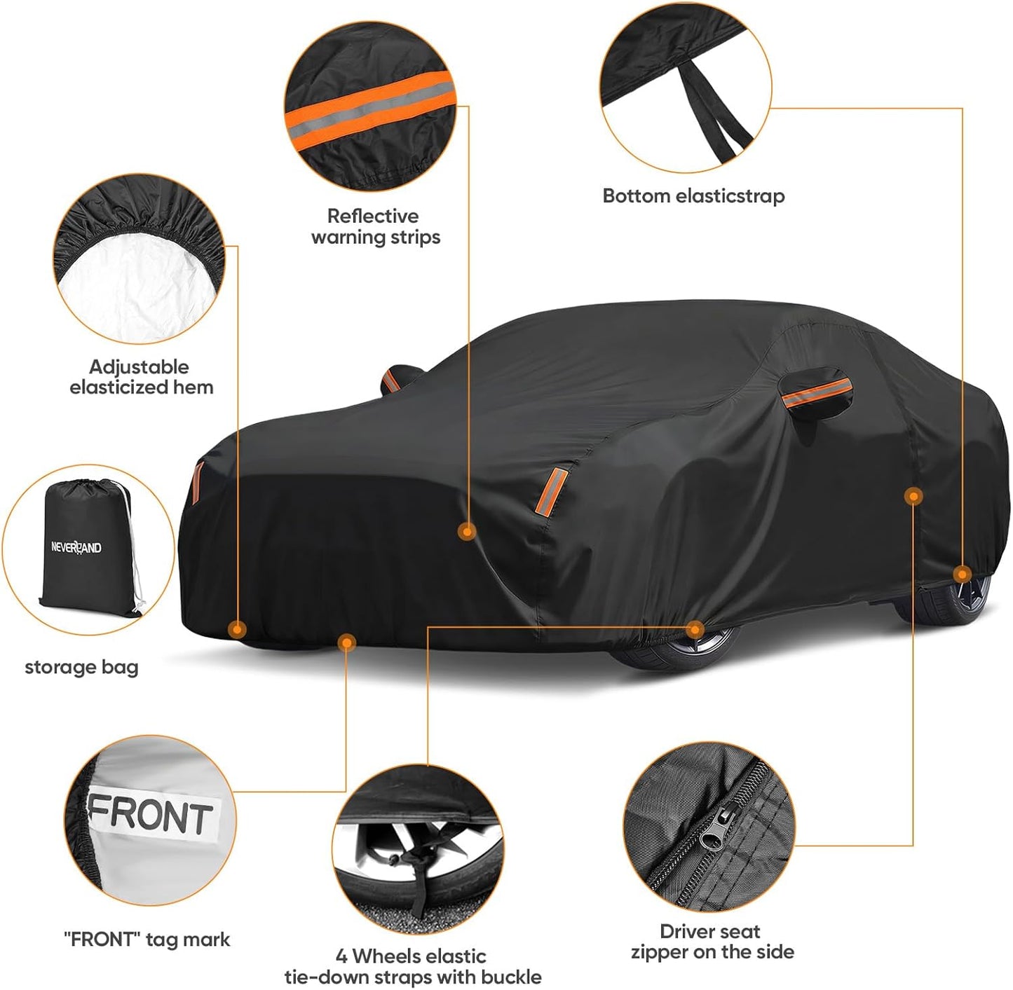 NEVERLAND Sedan Car Cover Waterproof Heavy Duty All Weather Protection Snow Anti-UV Windproof Outdoor Full Car Cover Fit for Automobiles BMW/Mercedes-Benz/Honda（for Car Size:183''L x 70''W x 59''H）