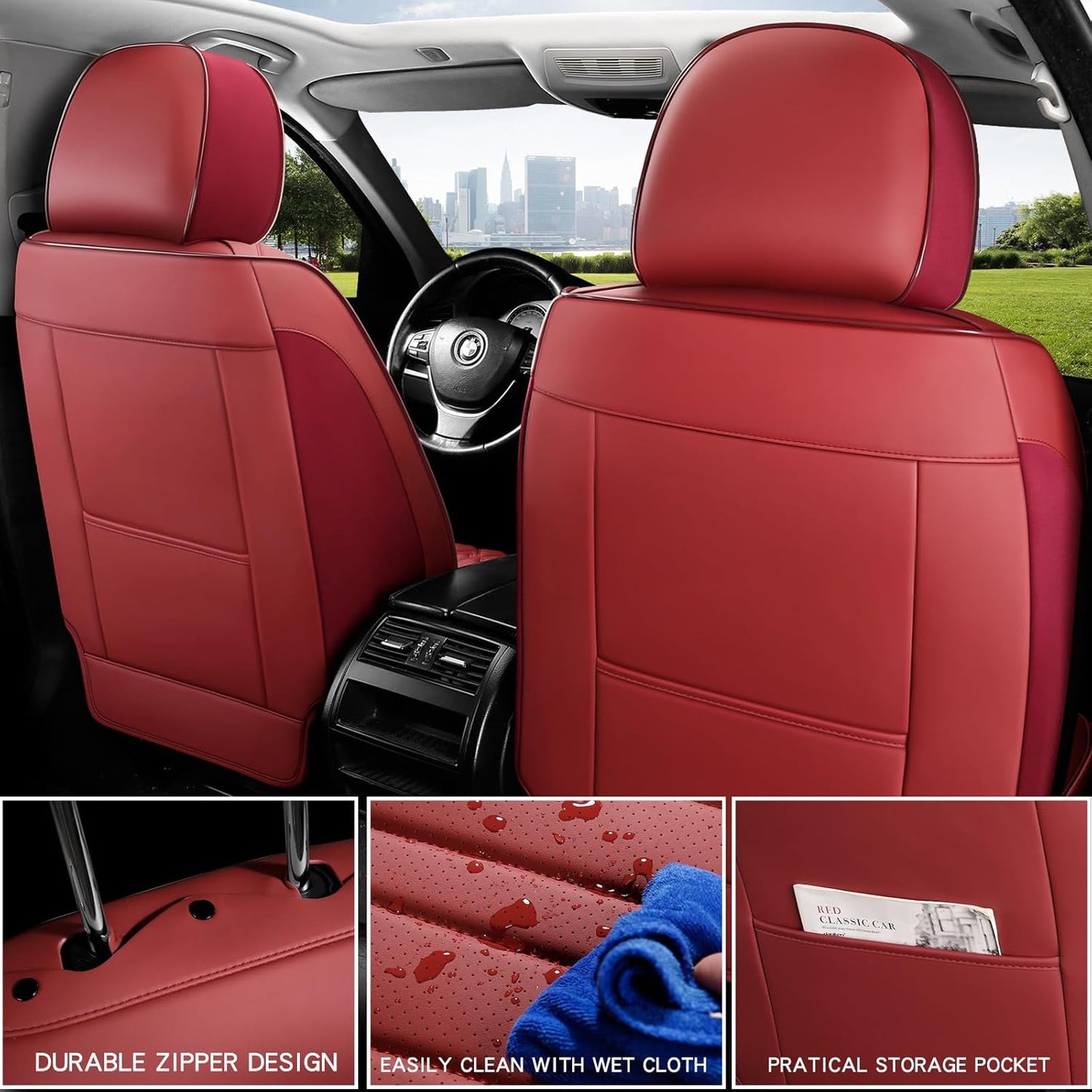 MINGBRON Car Seat Cover Full Set, Leather Car Seat Cover, Waterproof Seat Covers, Car Seat Cushion, Nappa Leather Seat Covers Car Seat Protector Universal Fit Most Cars Black