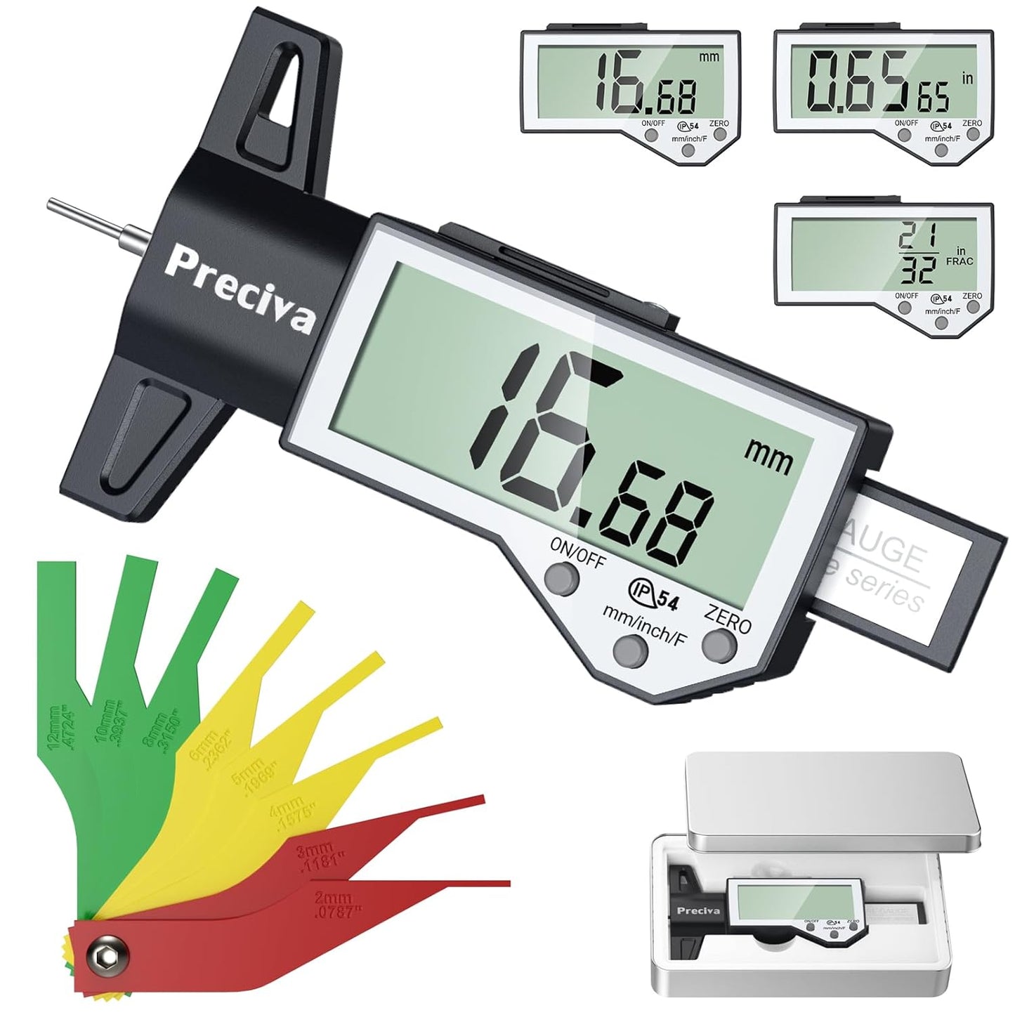 Preciva Tire Tread Depth Gauge, Digital Tire Depth Gauge with Large LCD Display and Inches, Millimeters, Fraction Conversion, Tread Depth Gauge Suitable for Thread Depth, Brake Shoe and Pad Wear