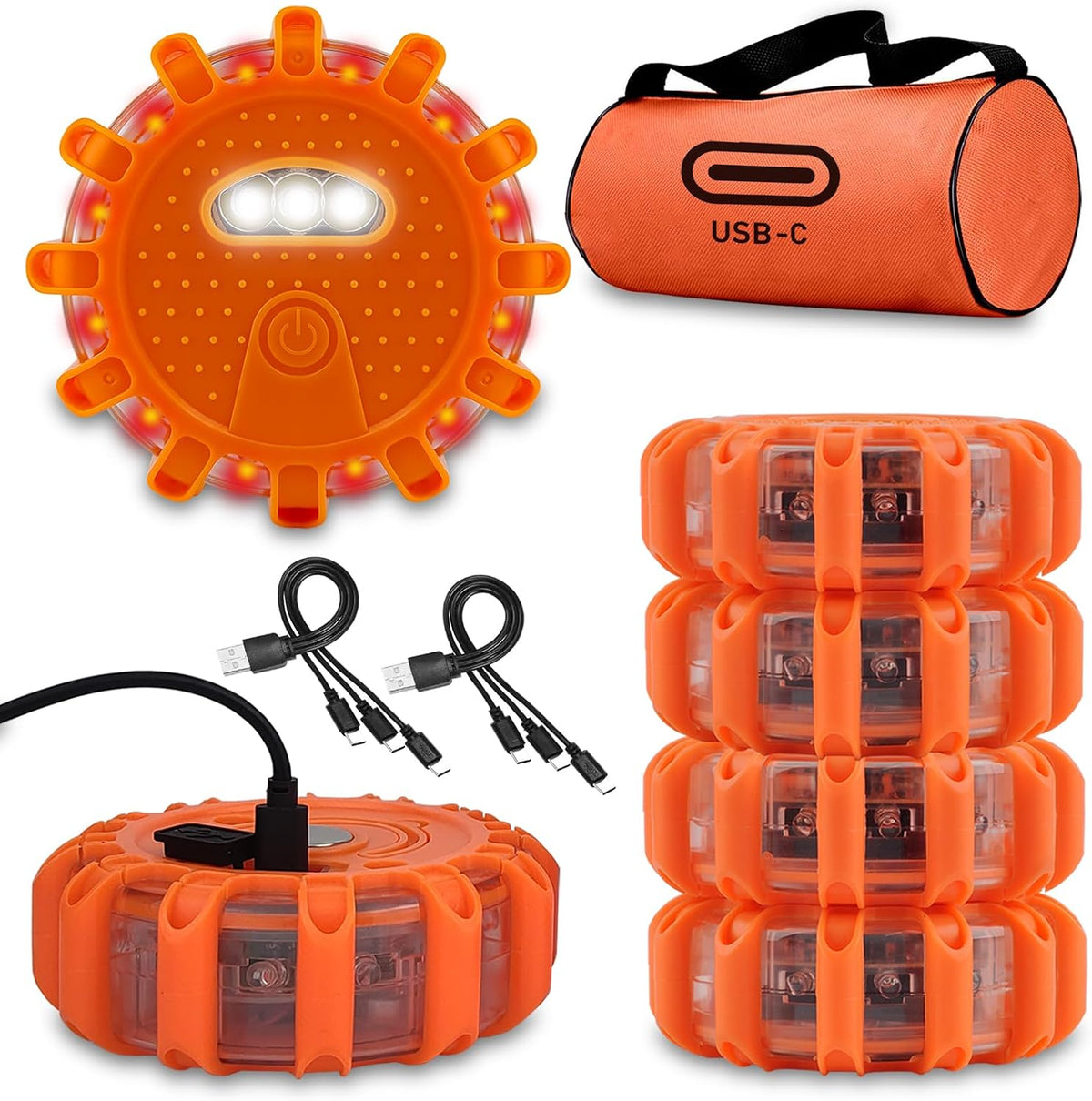 Ecoangel USB Rechargeable LED Road Flares Emergency Lights-Roadside Warning Car Safety Beacon Flashing Disc Flare Kit with Magnetic Base for Vehicles & Boat | 3 Beacon Disc Pack