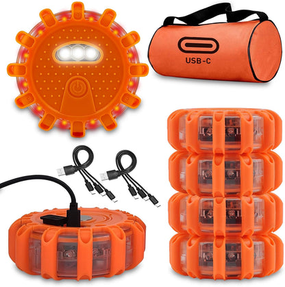 Ecoangel USB Rechargeable LED Road Flares Emergency Lights-Roadside Warning Car Safety Beacon Flashing Disc Flare Kit with Magnetic Base for Vehicles & Boat | 3 Beacon Disc Pack