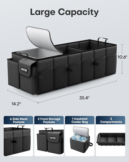 HOTOR Trunk Organizer, Sturdy Foldable with Cooler for Car & SUV, 3 Compartments, Black, 30.90”×12.60”×10.63”