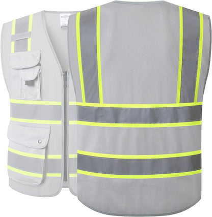 JKSafety 9 Pockets Class 2 High Visibility Zipper Front Safety Vest With Reflective Strips,Meets ANSI/ISEA Standard (Large, 150-Yellow) - Colors B