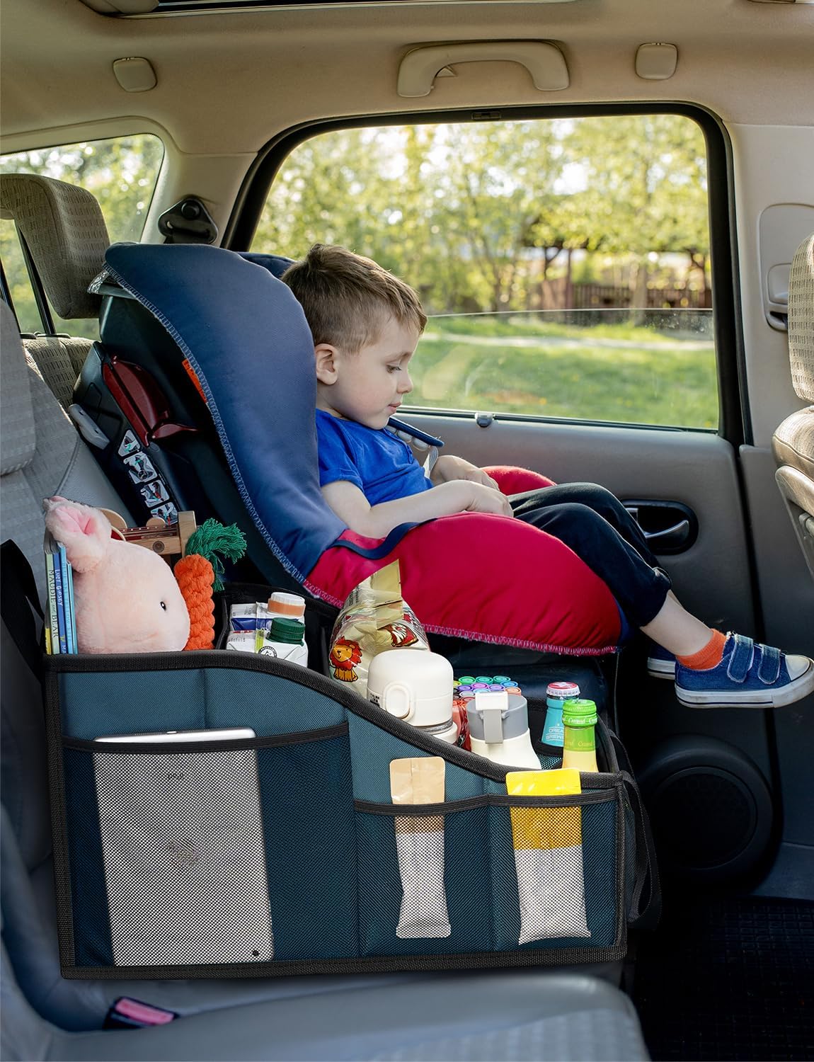 YOHOOLYO Car Seat Organizer Backseat Car Organizer with 4 Compartments, 4 Cup Holders and 7 Mesh Pockets for Front and Rear Seat, Black
