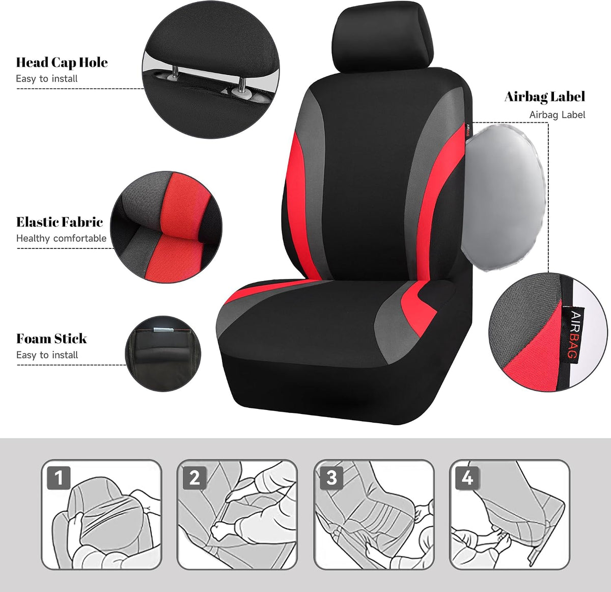 CAR PASS Line Rider Sporty Front Seat Covers,Gray Car Seat Covers Two Front Seats Only, Airbag Compatible,Universal Fit Sedans,Cars,Vans,SUV,Truck(Black and Gray)