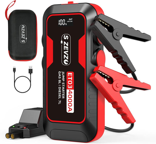 S ZEVZO ET03 4000A Car Jump Starter Jump Starter Battery Pack for Up to 8.0L Gas and 7.0L Diesel Engines, 74Wh Portable 12V Jump Box with USB Ports, LCD Display, Storage Case, and LED Light