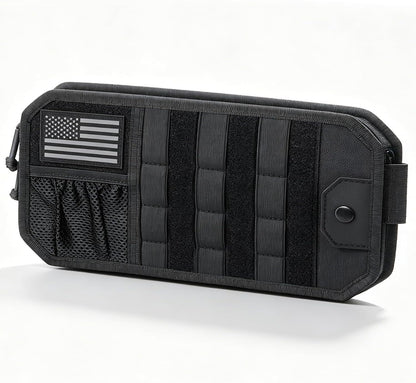 Molle Car Sun Visor Organizer,Car Accessories with Zipper Visor Storage Pouch&Glasses Clip&Adjustable Straps, Semi-Rigid Molle Panel for Tactical Gears, Fits Most Vehicles, SUVs (Black)