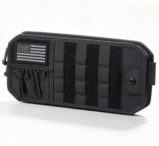 Molle Car Sun Visor Organizer,Car Accessories with Zipper Visor Storage Pouch&Glasses Clip&Adjustable Straps, Semi-Rigid Molle Panel for Tactical Gears, Fits Most Vehicles, SUVs (Black)