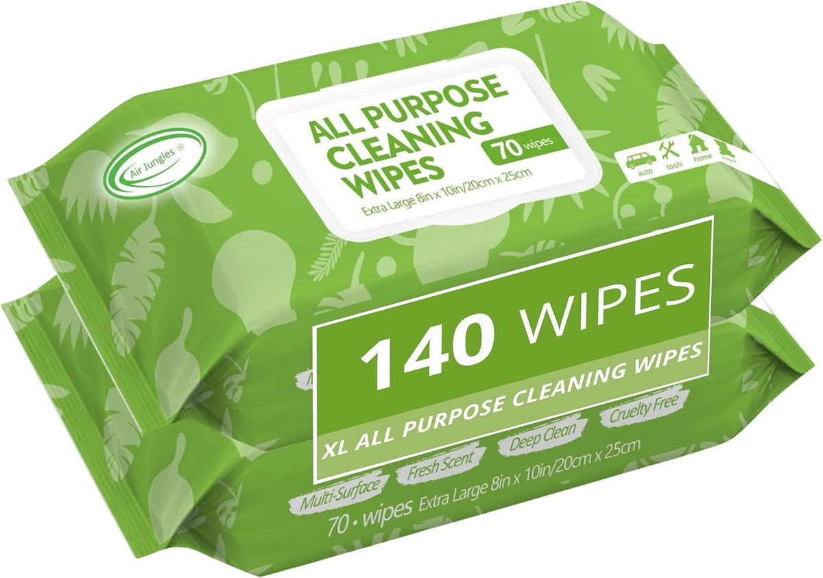 Air Jungles All Purpose Cleaning Wipes 70 Count, Extra Large 8" x 10" Heavy Duty for Car Interior, Kitchen, Bathroom, Gym Equitment, Tools - Non-Toxic Safe for Multi-Surface