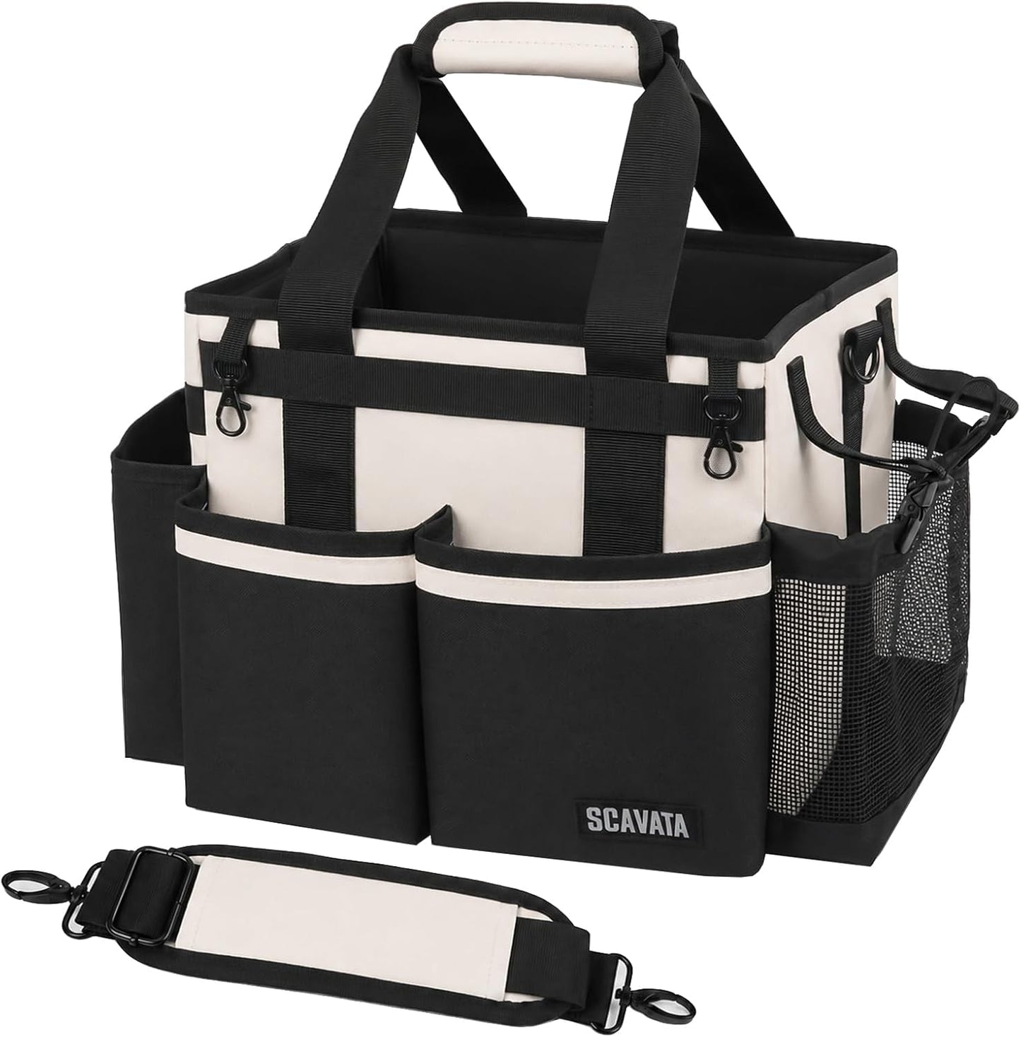 SCAVATA Compact Wearable Cleaning Caddy, Small Supplies Organizer with Handle & Shoulder Straps for Housekeepers, Under Sink & Car Cleaning Tool Organizer Bag (Black)