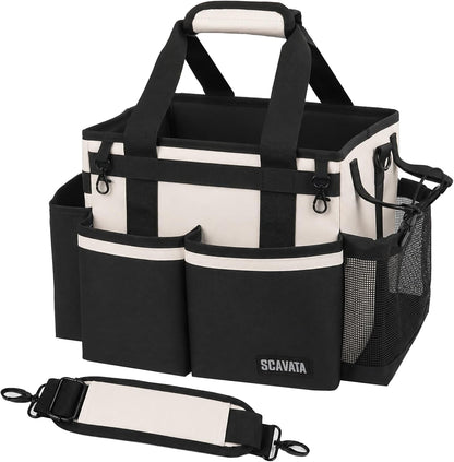 SCAVATA Compact Wearable Cleaning Caddy, Small Supplies Organizer with Handle & Shoulder Straps for Housekeepers, Under Sink & Car Cleaning Tool Organizer Bag (Black)