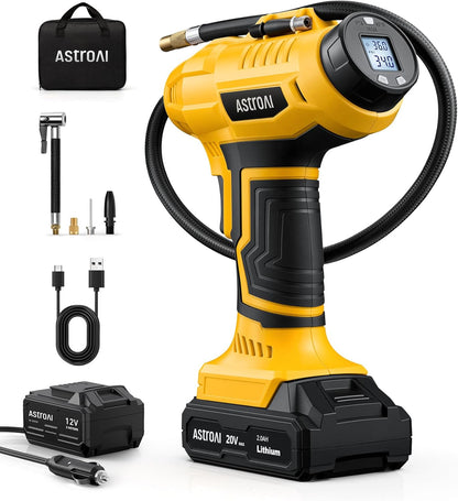 AstroAI Cordless Tire Inflator Portable Air Compressor Fast Inflation 160 PSI Air Pump 20V Rechargeable Battery Powered with 12V DC Adapter Digital Pressure Gauge for Cars Motorcycles Bikes Yellow