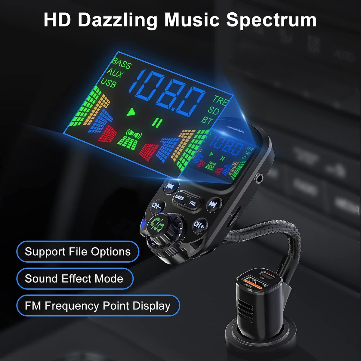 Bluetooth 5.3 FM Transmitter for Car SOARUN Bluetooth Car Adapter PD30W & USB Port Fast Charge, HiFi Treble & Bass Player, 1.6" Display Hands-Free Calling Truck Radio with AUX Input/Output, TF Card