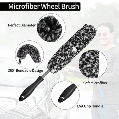 Bendable Wheel Brush Kits Soft Microfiber Wheel Cleaner Brush Synthetic Woolies No-Scratch Wheel Cleaning Brush Car Detailing Rim Tire Brush