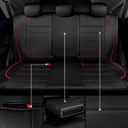 CAR PASS Universal FIT Piping Leather Two Front Seat Covers, Waterproof Faux Leather for SUV Sedan Van Truck, Airbag Compatible,Reserved Opening Holes for Headrest Covers. (Black red)
