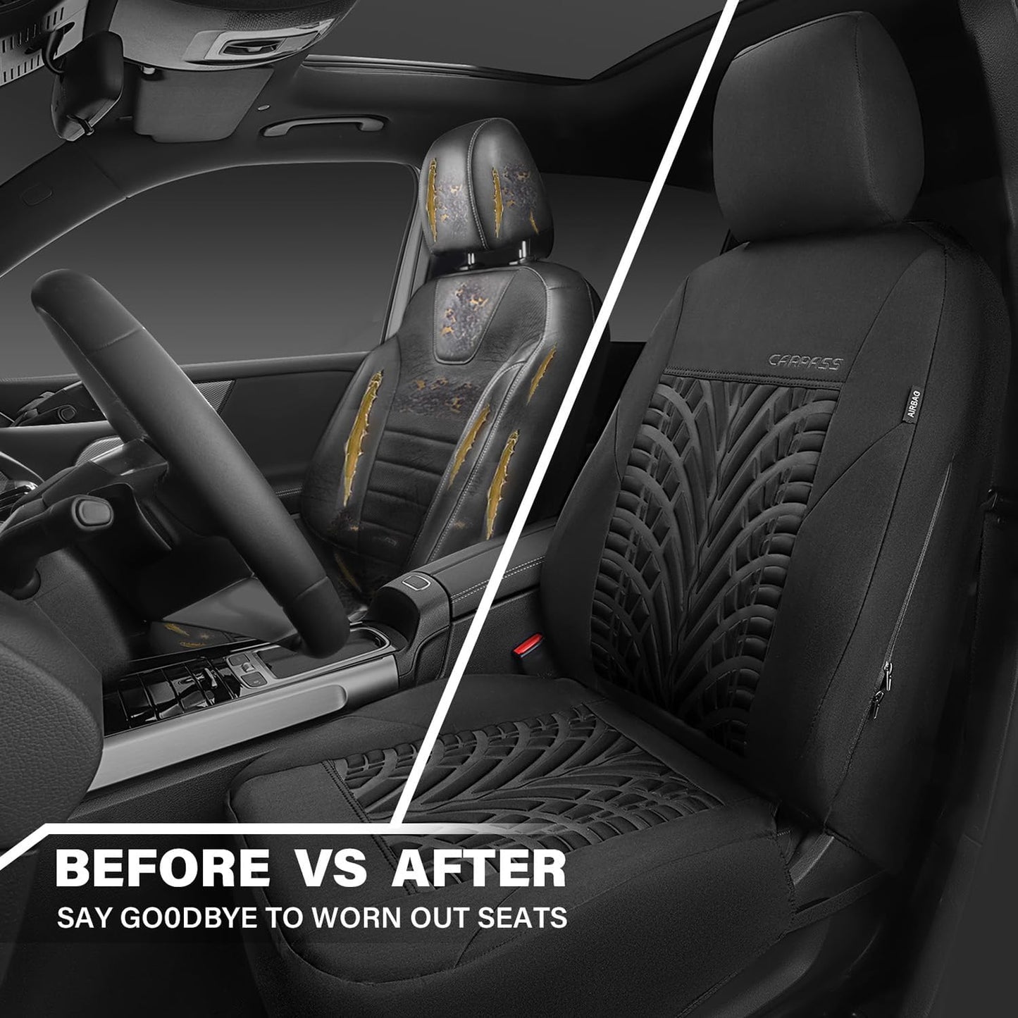 CAR PASS Car Seat Covers Full Sets, Front & Split Rear Bench for Car, 3D Tyre Embossed Automotive Interior Covers, Airbag Compatible, Quick Setup Universal Fit Seat Covers for Car, SUV(Charcoal)